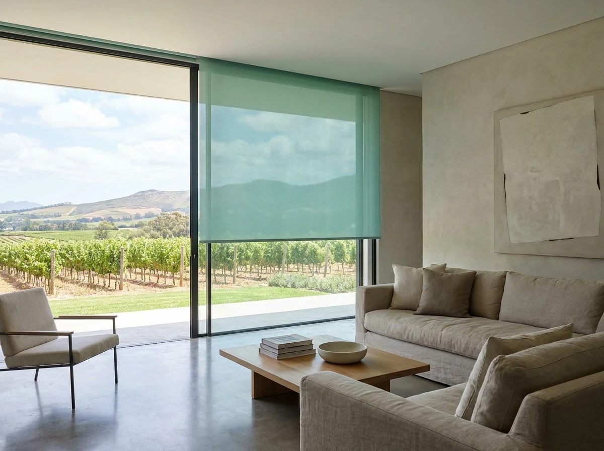 Sunscreen fabric dropping from a slim ceiling recess over a corner glass wall in a Paarl wine-estate living room, the hardware hidden in the ceiling line