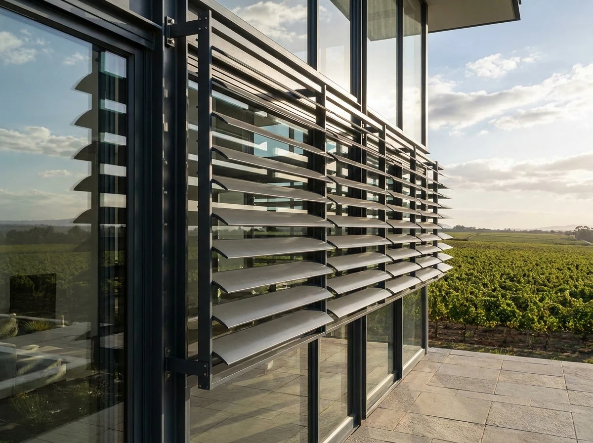 External aluminium venetian louvres carried on brackets outside a Paarl glass facade, tilted to catch the sun before it reaches the window