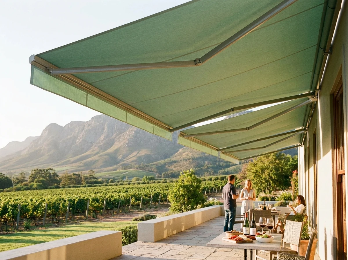 Two folding-arm awnings opened side by side over a Paarl wine-estate terrace, shading the long table while the vineyard and mountain stay in view