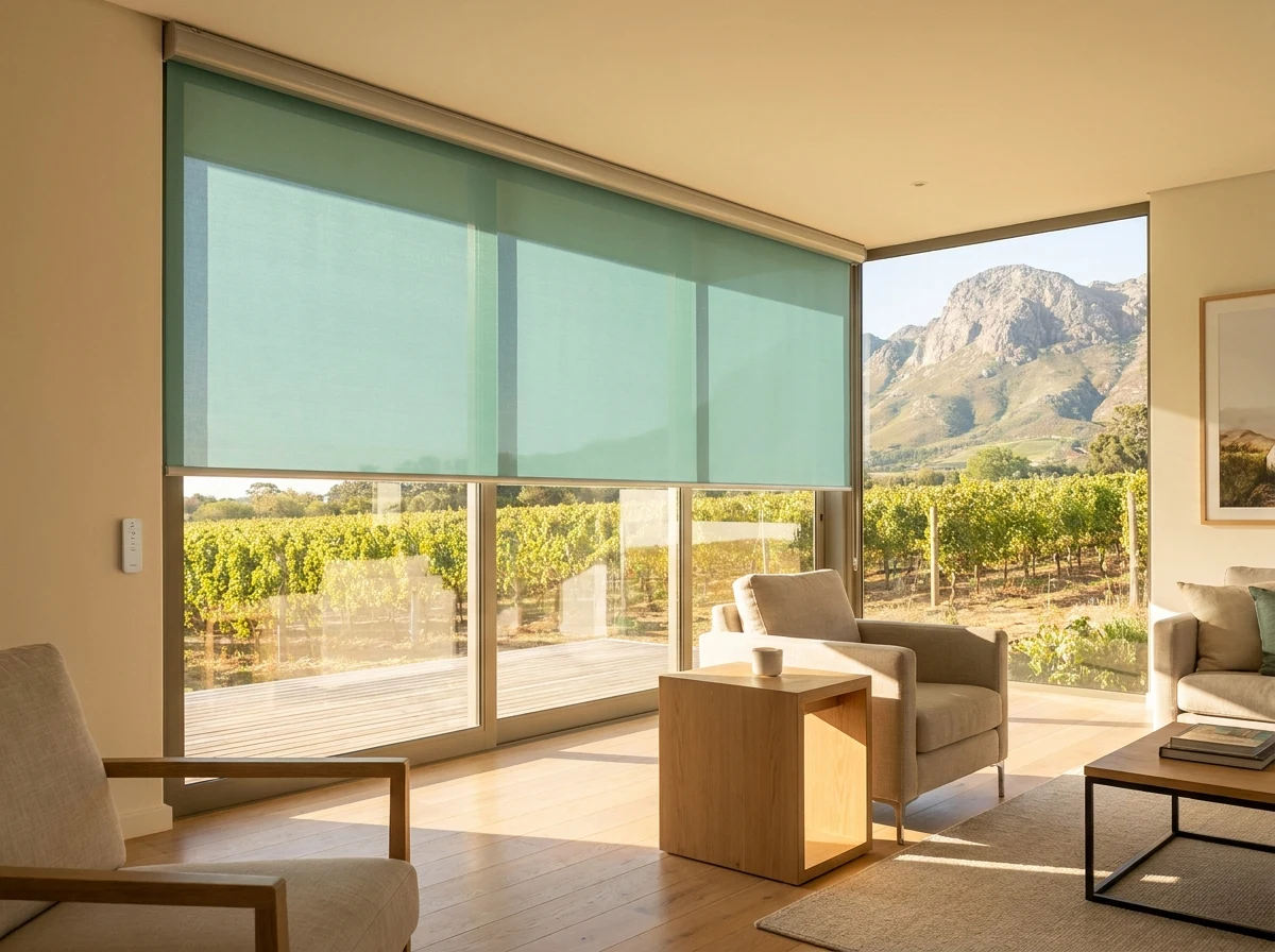 Three sunscreen roller blinds lowered together across a wide sliding-glass wall in a Paarl living room, the wall control beside them and the mountain beyond
